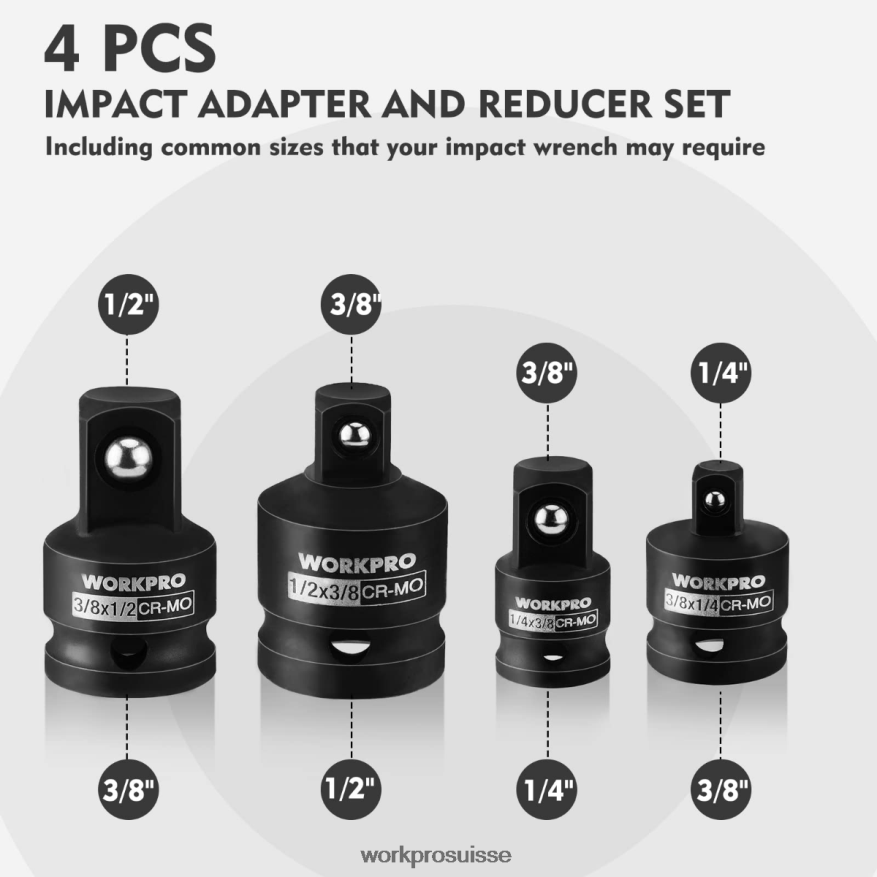 Jeu d'adaptateurs et de réducteurs de douilles à percussion 4 pièces, kit de conversion de clé Z2LXTF94 utile WORKPRO outil