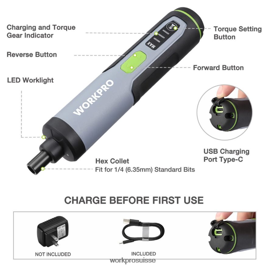 Tournevis électrique 4v, jeu de tournevis sans fil rechargeable avec lumière LED Z2LXTF232 utile WORKPRO outil