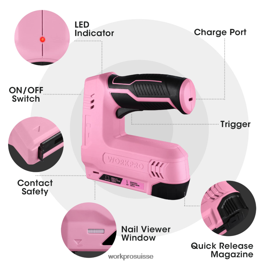 Agrafeuse et cloueuse électrique sans fil 2 en 1, alimentée par batterie 3,6 V, 2,0 Ah Z2LXTF265 rose/gris WORKPRO outil