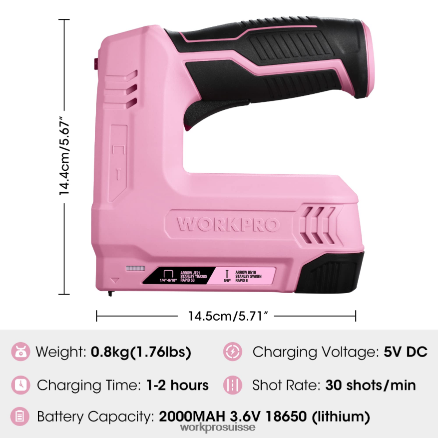Agrafeuse et cloueuse électrique sans fil 2 en 1, alimentée par batterie 3,6 V, 2,0 Ah Z2LXTF265 rose/gris WORKPRO outil