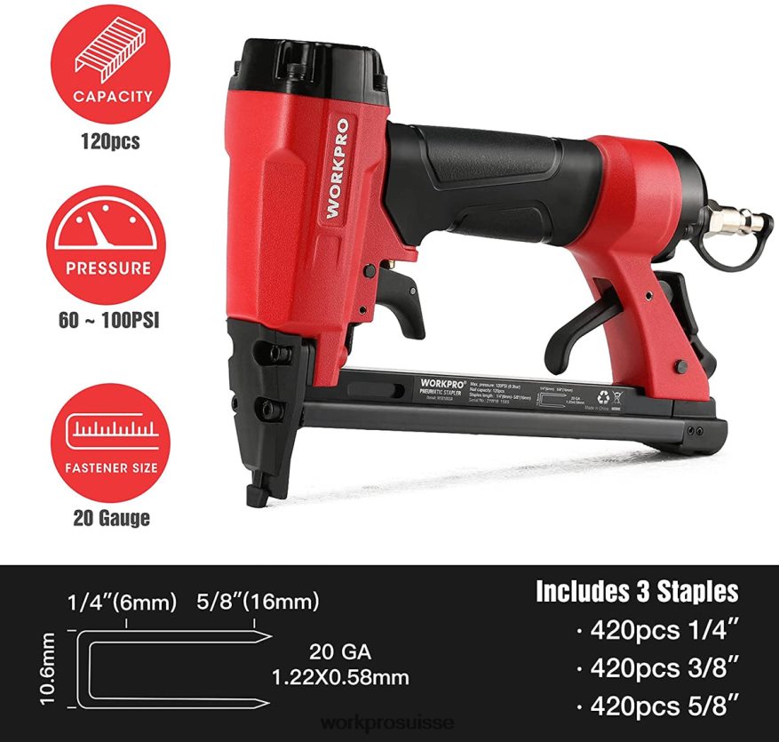 Agrafeuse pneumatique de calibre 20 pour les projets de menuiserie, de menuiserie et de bricolage Z2LXTF61 utile WORKPRO outil
