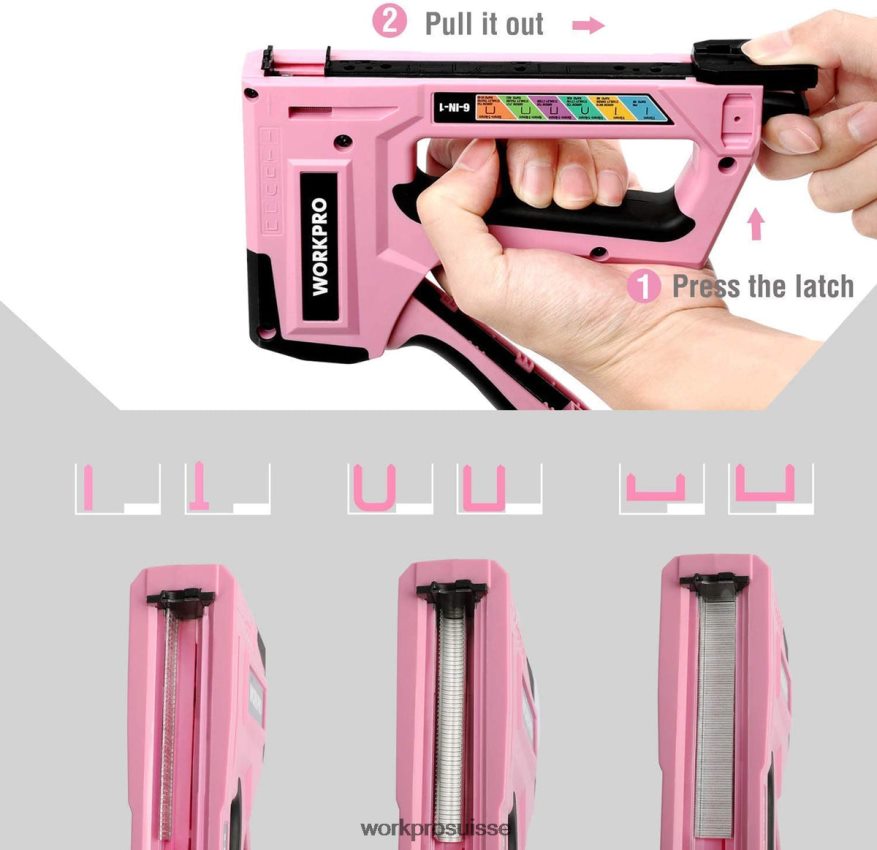 Cloueur manuel 6 en 1, agrafeuse pour tissus d'ameublement, pistolet à clous Z2LXTF59 rose/gris WORKPRO outil