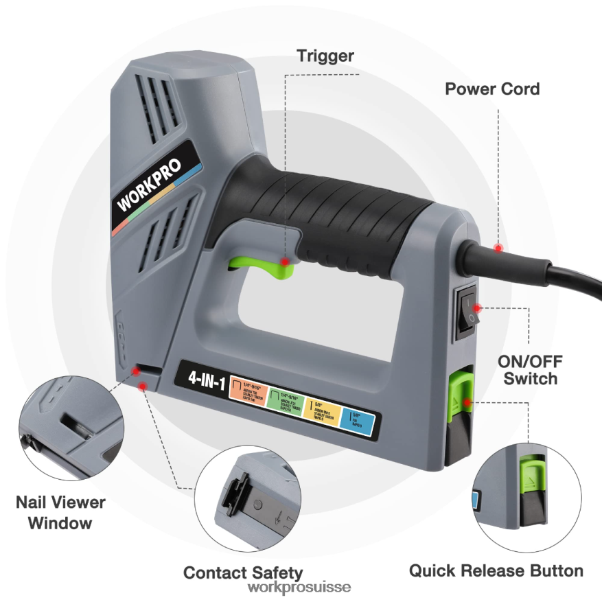 Pistolet à clous électrique 4 en 1 avec fil, comprenant 3 000 agrafes et clous Z2LXTF60 utile WORKPRO outil