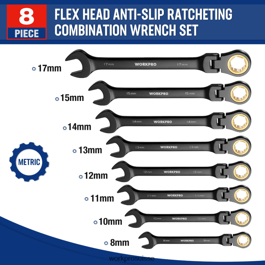 Jeu de 8 clés mixtes à cliquet antidérapantes à tête flexible Z2LXTF80 morden WORKPRO outil