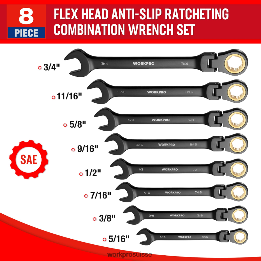Jeu de 8 clés mixtes à cliquet antidérapantes à tête flexible Z2LXTF80 morden WORKPRO outil