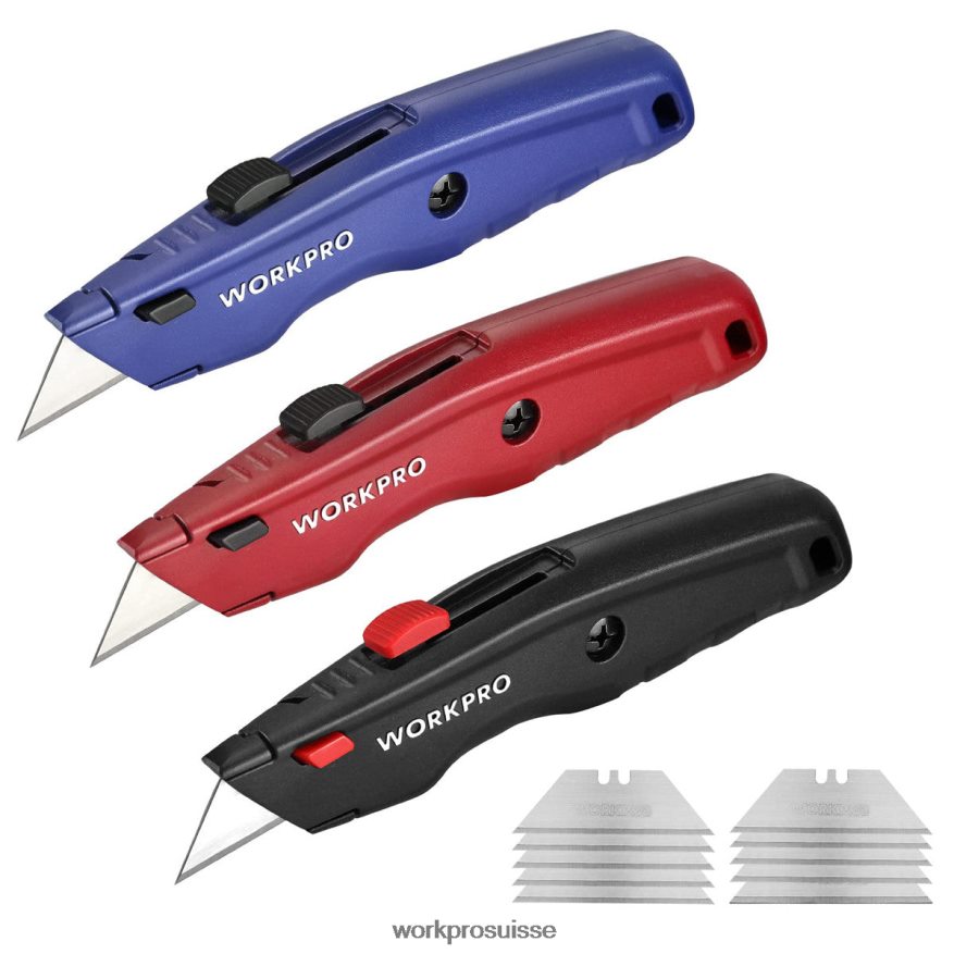 Couteau utilitaire haut de gamme, coupe-boîte rétractable tout en métal robuste, couteau de rasoir à lame à changement rapide, avec 10 lames supplémentaires Z2LXTF51 noir/bleu/rouge WORKPRO outil