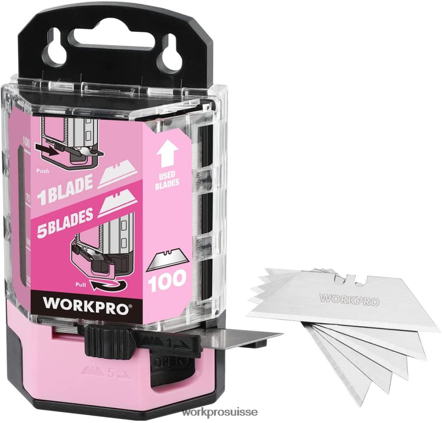 Lames de couteau utilitaire en acier au carbone sk5, remplacement avec distributeur, 100 pièces Z2LXTF49 rouge/rose WORKPRO outil