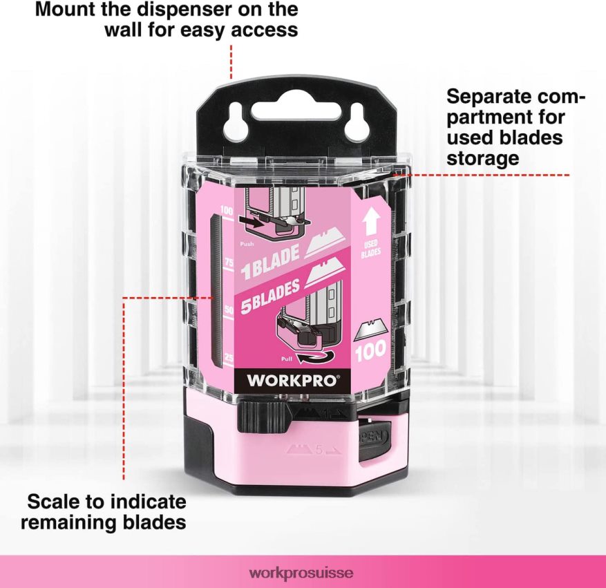 Lames de couteau utilitaire en acier au carbone sk5, remplacement avec distributeur, 100 pièces Z2LXTF49 rouge/rose WORKPRO outil