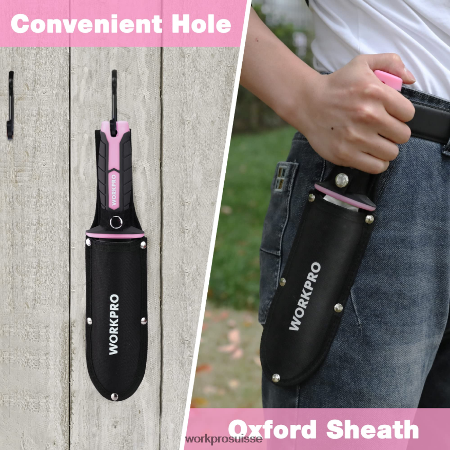 couteau de jardin avec étui oxford, lame en acier inoxydable avec tranchant Z2LXTF283 vert/rose WORKPRO outil