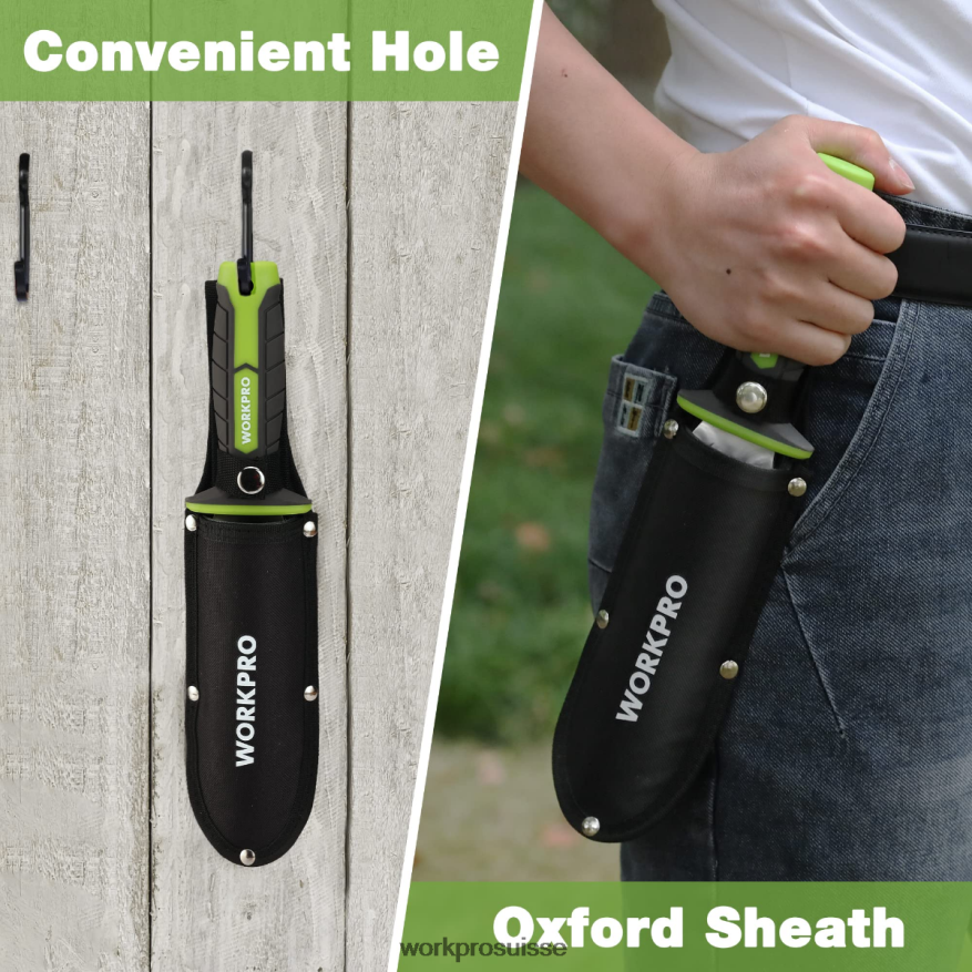 couteau de jardin avec étui oxford, lame en acier inoxydable avec tranchant Z2LXTF283 vert/rose WORKPRO outil