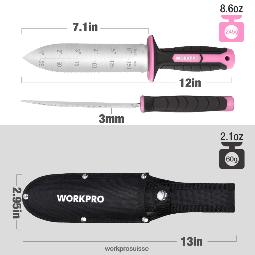 couteau de jardin avec étui oxford, lame en acier inoxydable avec tranchant Z2LXTF283 vert/rose WORKPRO outil