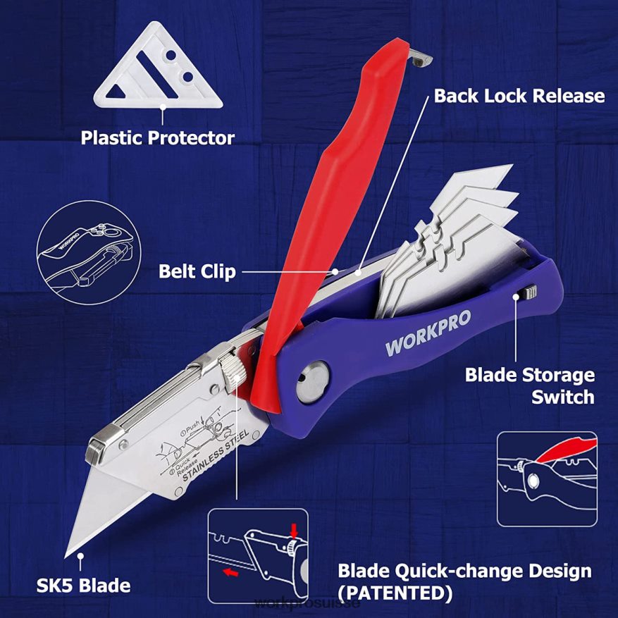 couteau utilitaire pliant avec verrouillage arrière coupe-boîte à changement rapide avec clip ceinture Z2LXTF46 morden WORKPRO outil
