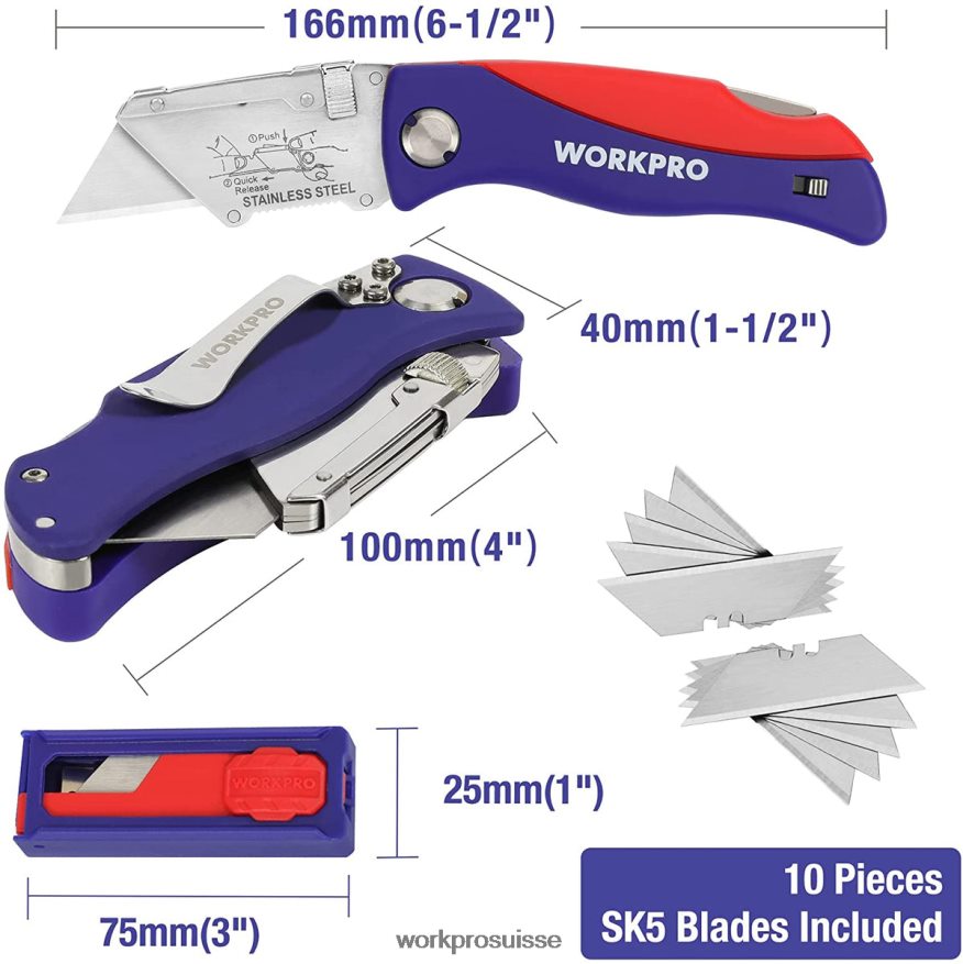 couteau utilitaire pliant avec verrouillage arrière coupe-boîte à changement rapide avec clip ceinture Z2LXTF46 morden WORKPRO outil