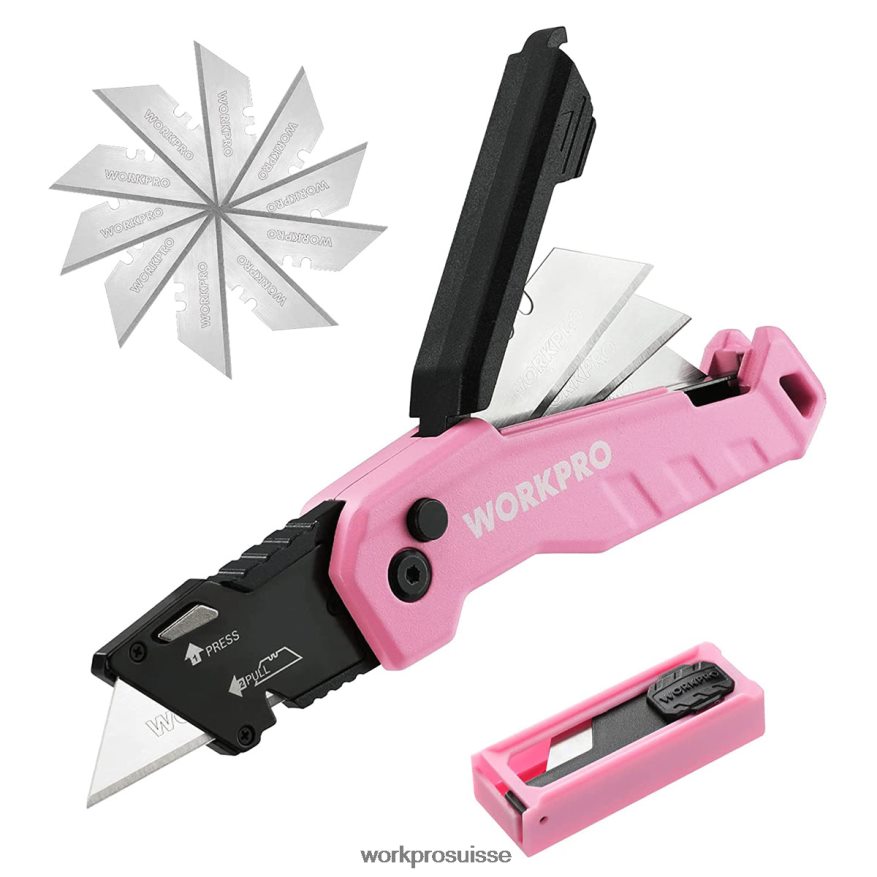 couteau utilitaire pliant, boîte à changement rapide, 13 lames supplémentaires incluses Z2LXTF52 bleu/rouge/rose WORKPRO outil