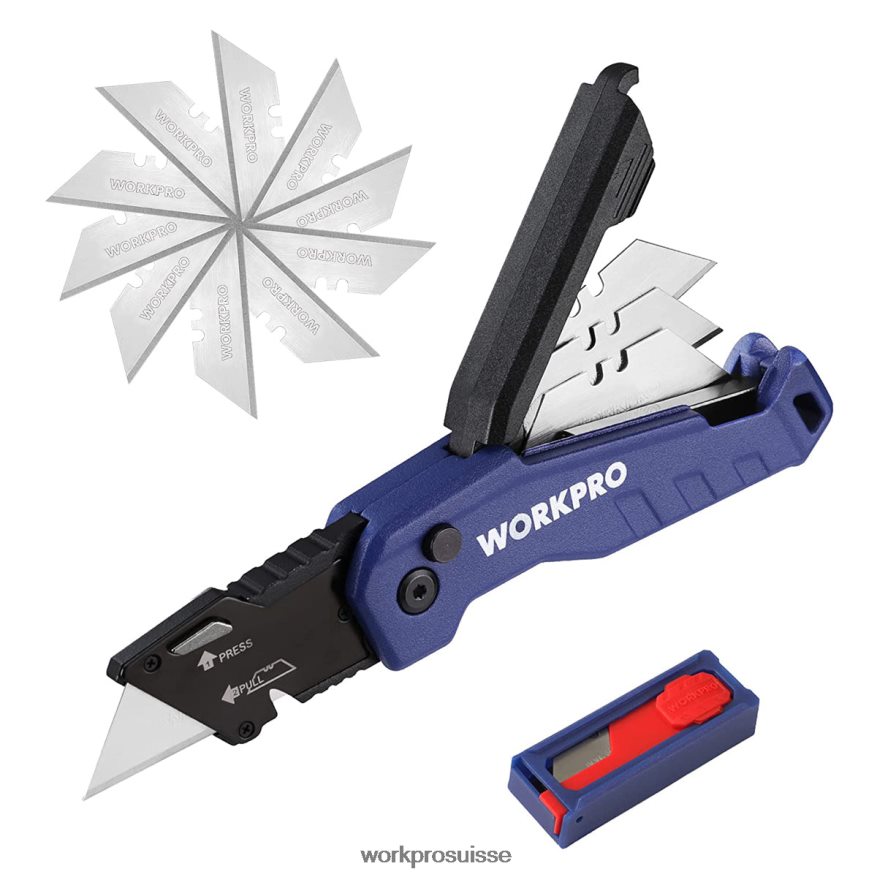 couteau utilitaire pliant, boîte à changement rapide, 13 lames supplémentaires incluses Z2LXTF52 bleu/rouge/rose WORKPRO outil