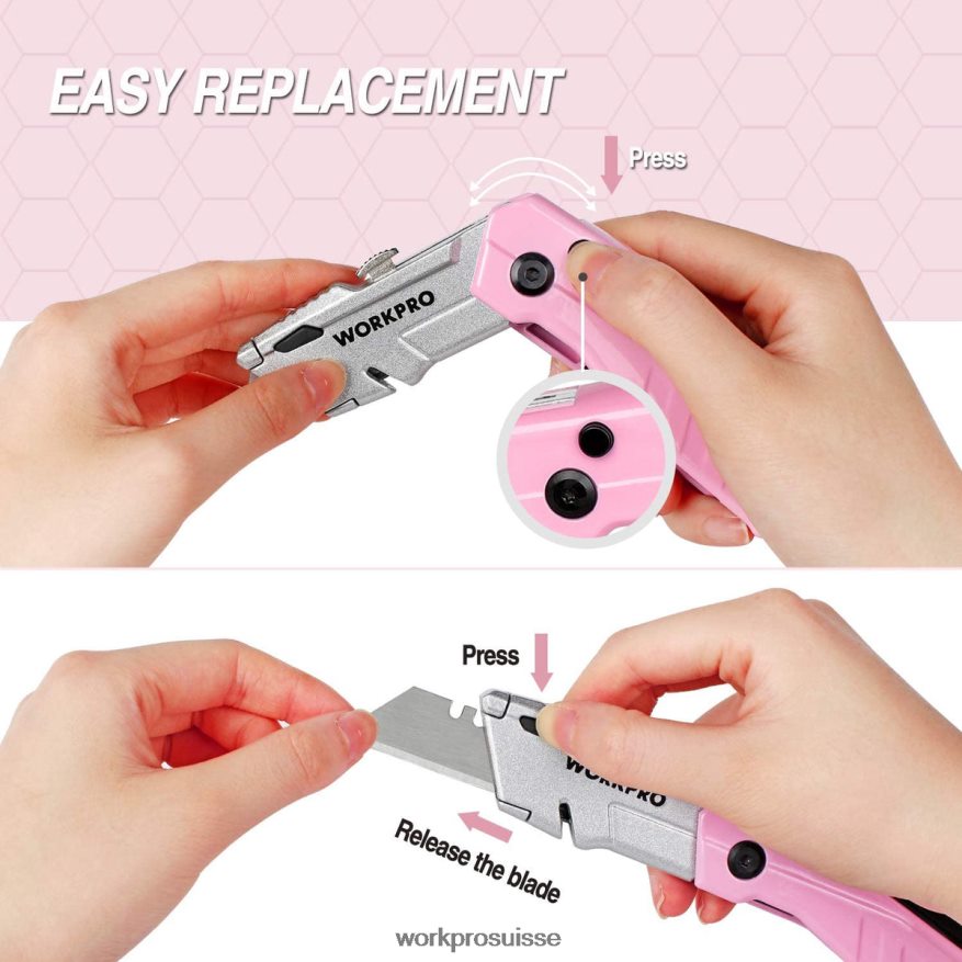 couteau utilitaire pliant à changement rapide avec 12 lames supplémentaires Z2LXTF37 rose WORKPRO outil