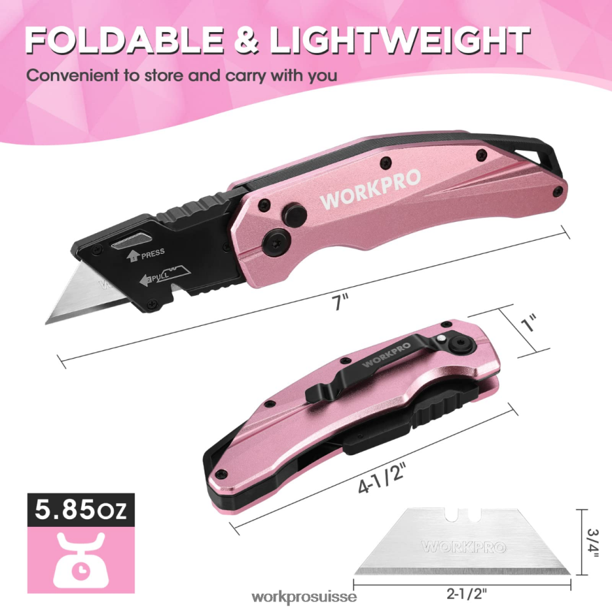 couteau utilitaire pliant en aluminium, 10 lames supplémentaires incluses Z2LXTF54 rose WORKPRO outil