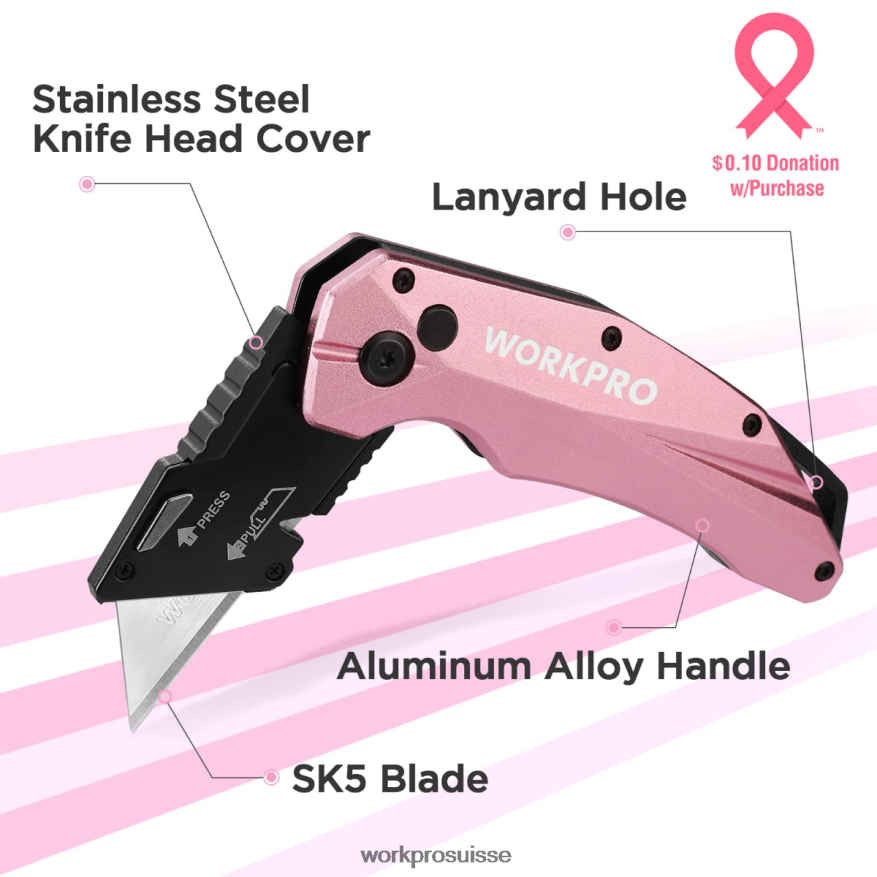 couteau utilitaire pliant en aluminium, 10 lames supplémentaires incluses Z2LXTF54 rose WORKPRO outil