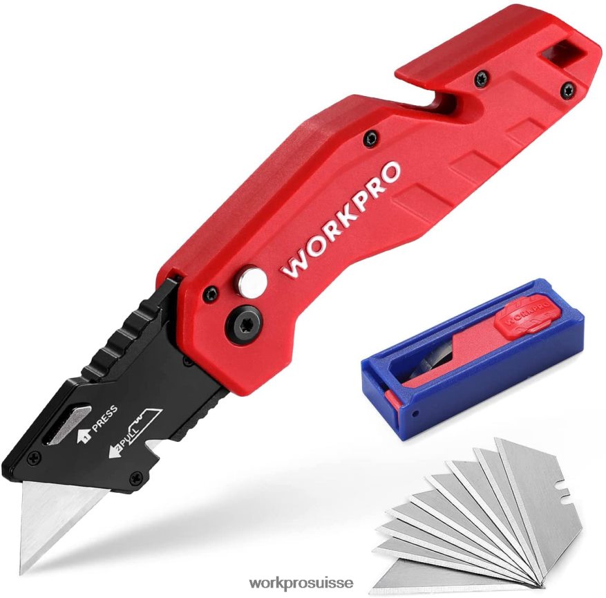couteau utilitaire pliant, manche en nylon léger, couteau utilitaire avec 10 lames supplémentaires Z2LXTF38 rouge/bleu/noir WORKPRO outil