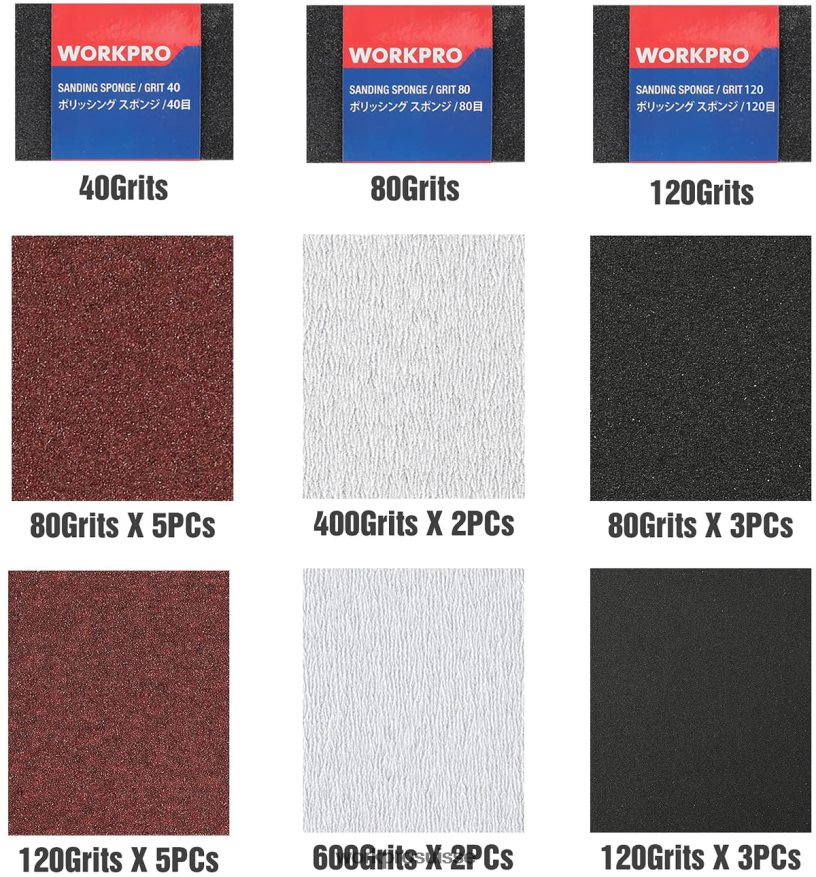 24 paquets de papier de verre grain 80-600 assortis avec support Z2LXTF150 utile WORKPRO outil