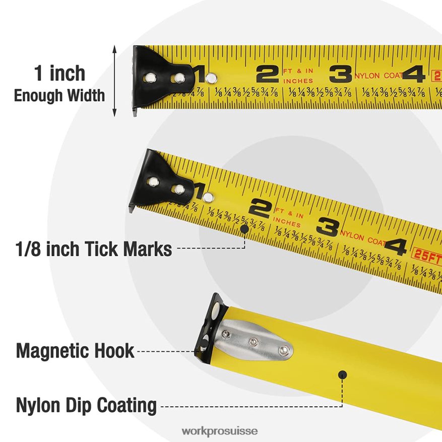 Ruban à mesurer de 25 pieds, fractions 1/8 et précision 1/32, ruban à mesurer facile à lire, ruban à mesurer rétractable avec revêtement en nylon Z2LXTF105 utile WORKPRO outil