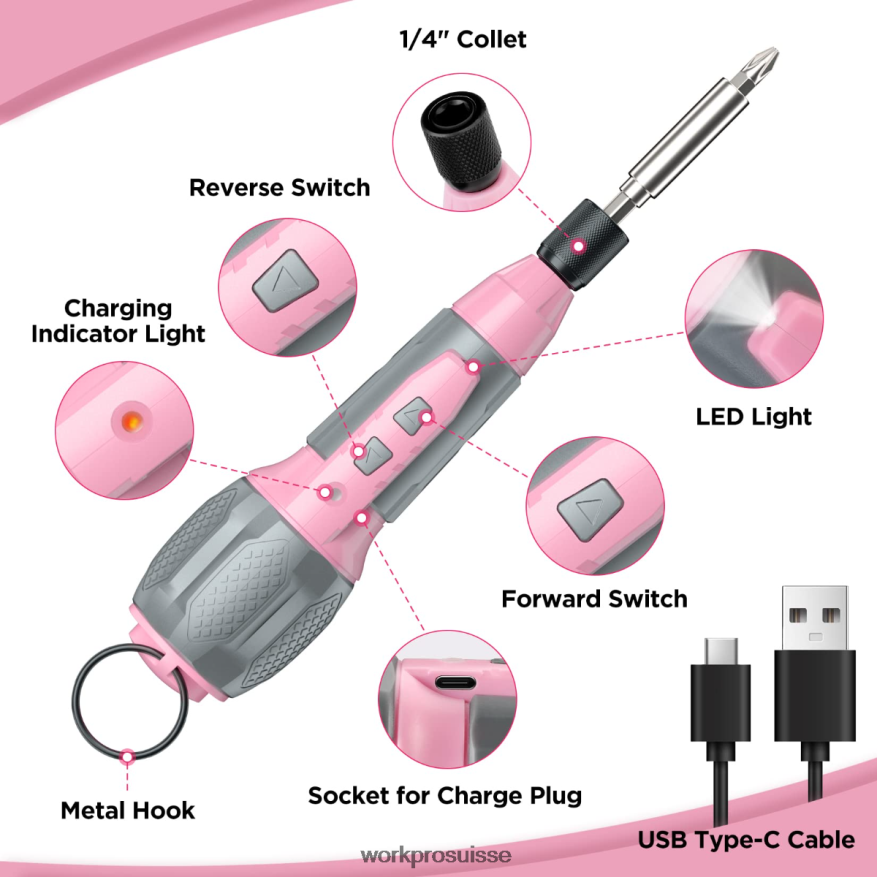 Kit de tournevis à batterie lithium-ion rechargeable USB 4 V sans fil Z2LXTF236 rose/blanc WORKPRO outil