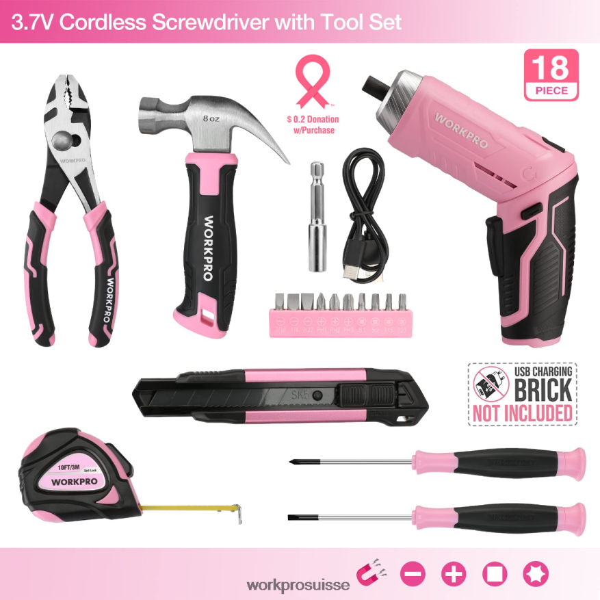 Trousse à outils générale pour la maison, 18 pièces Z2LXTF102 rose bleu WORKPRO outil