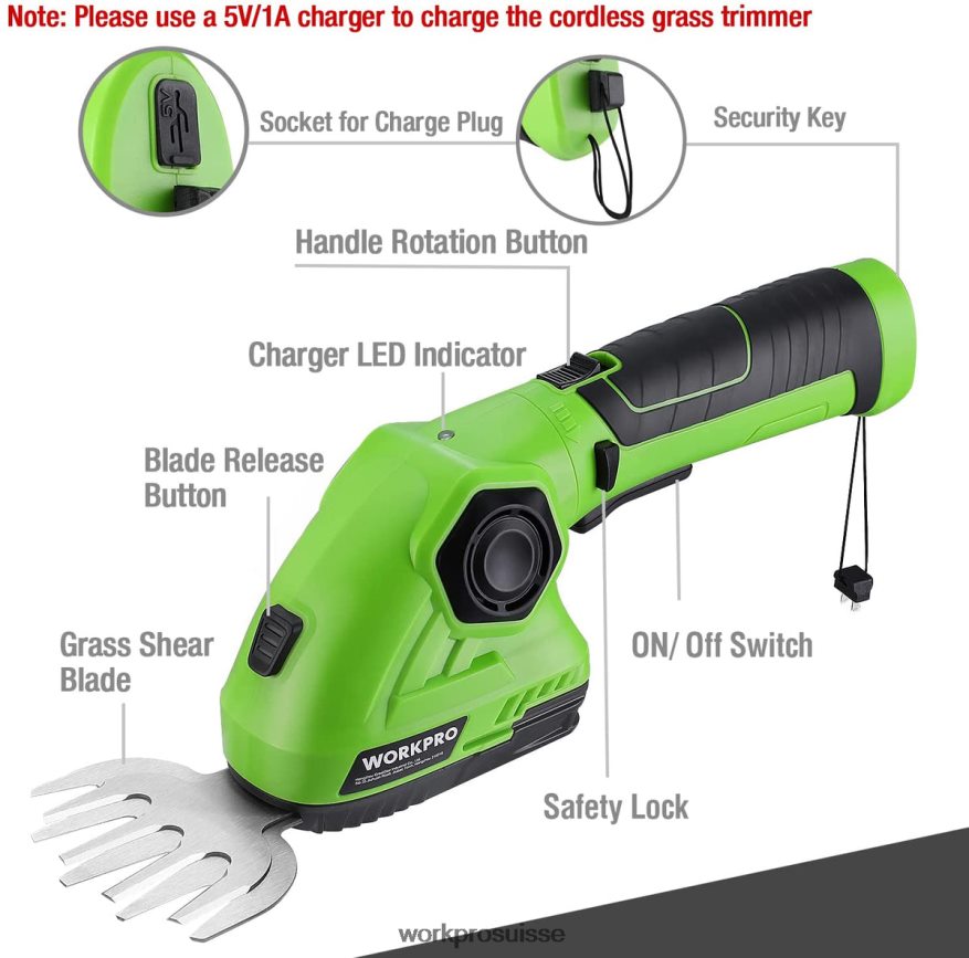 Cisaille à gazon et coupe-arbustes sans fil 2 en 1, taille-haie portatif 7.2v, cisaille à gazon électrique Z2LXTF297 vert blanc WORKPRO outil