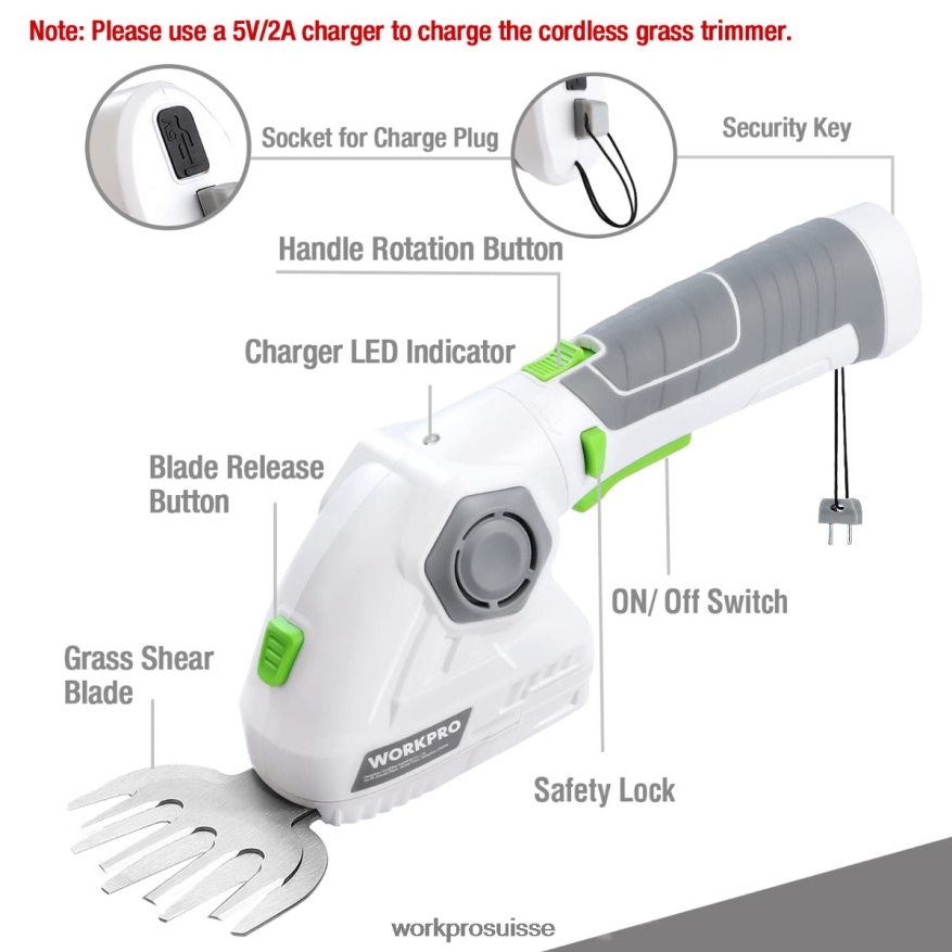 Cisaille à gazon et coupe-arbustes sans fil 2 en 1, taille-haie portatif 7.2v, cisaille à gazon électrique Z2LXTF297 vert blanc WORKPRO outil