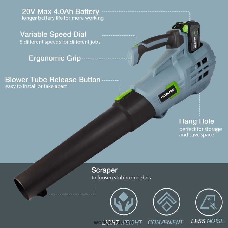 Souffleur de feuilles sans fil 20 V avec 5 vitesses réglables Batterie de plus grande capacité de 4,0 Ah et chargeur rapide inclus Z2LXTF292 utile WORKPRO outil