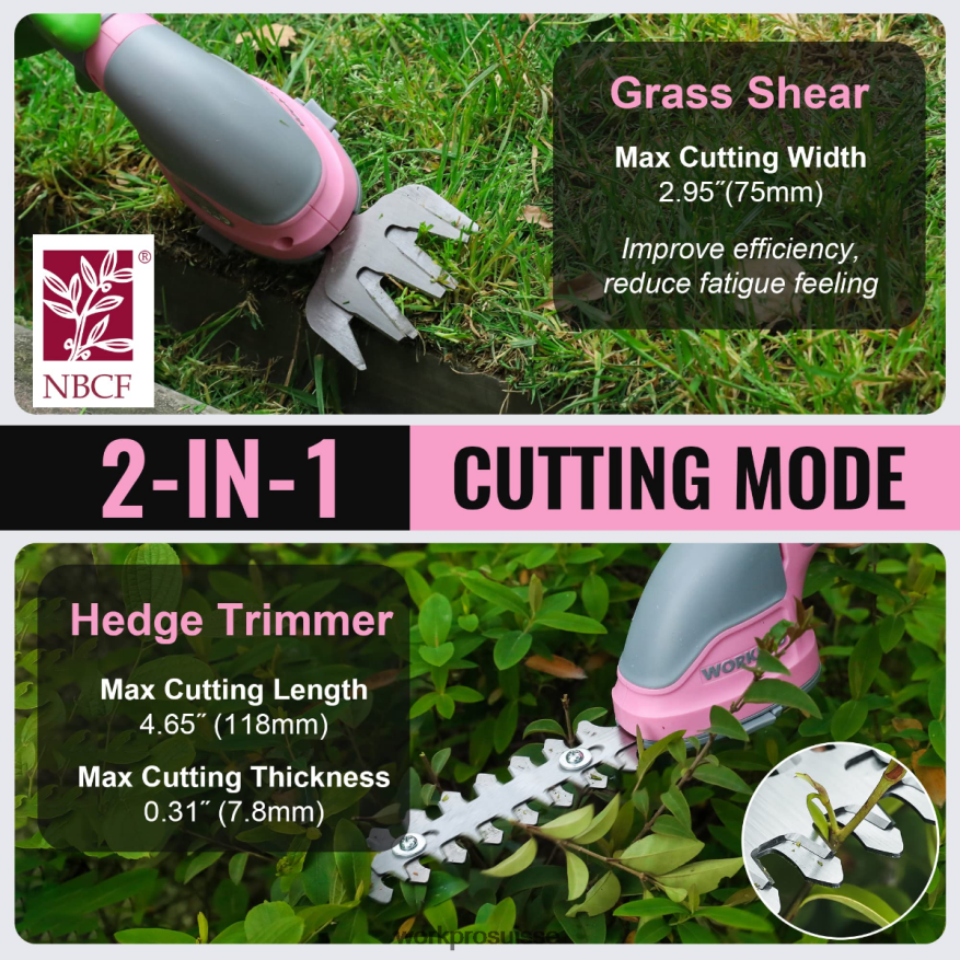 Taille-bordure électrique sans fil 2 en 1, 3.6v, cisaille à haie/coupe-herbe Z2LXTF268 rose/vert/blanc WORKPRO outil