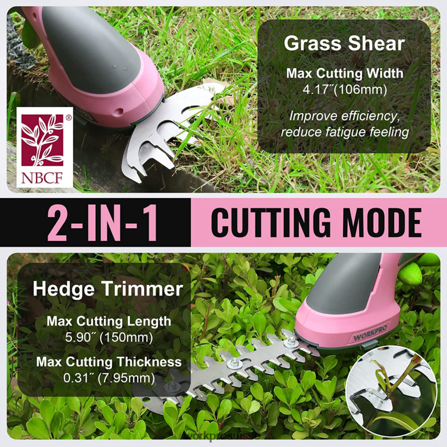Taille-bordure électrique sans fil 2 en 1, 7.2v, cisaille à haie/coupe-herbe Z2LXTF269 rose/vert/blanc WORKPRO outil