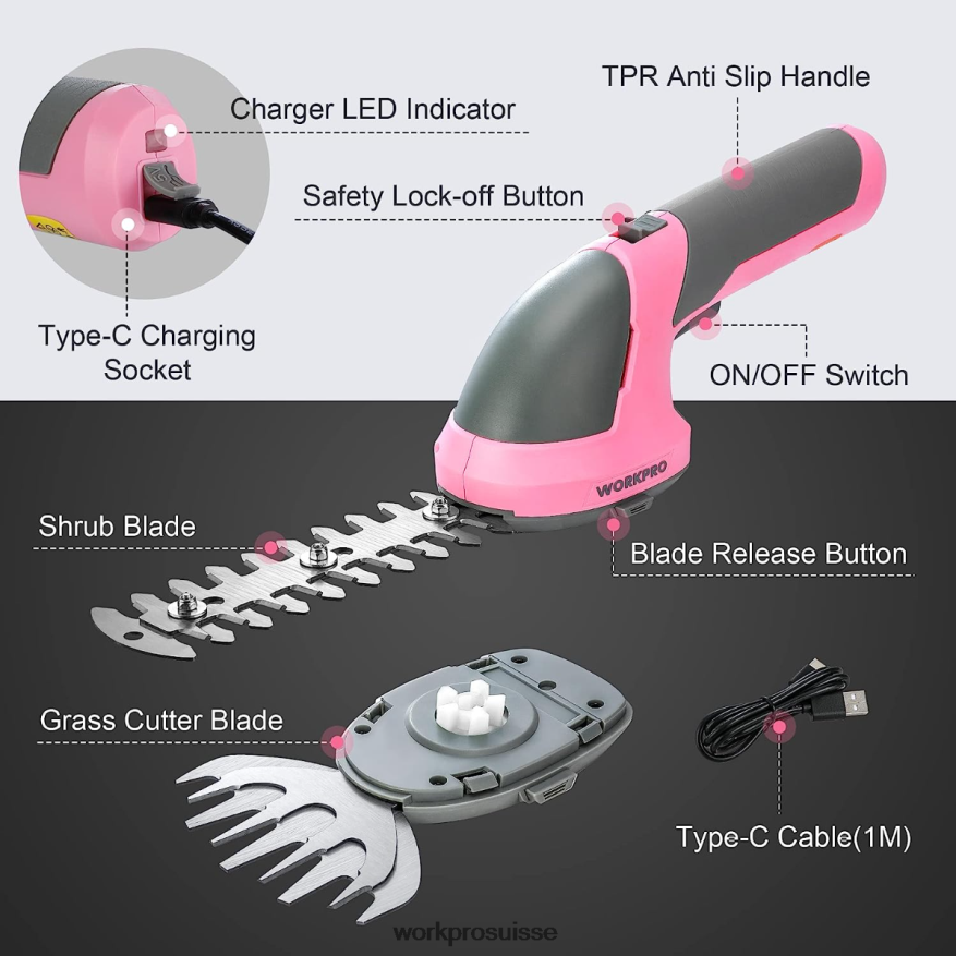 Taille-bordure électrique sans fil 2 en 1, 7.2v, cisaille à haie/coupe-herbe Z2LXTF269 rose/vert/blanc WORKPRO outil