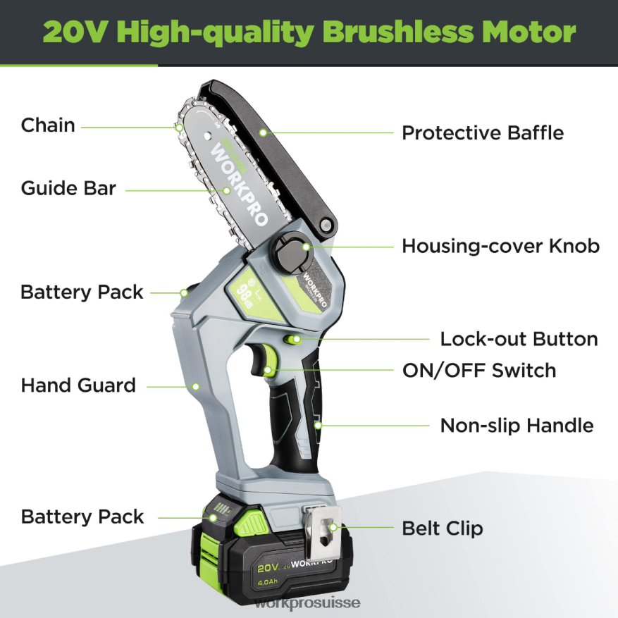 Tronçonneuse compacte sans fil 20 V avec batterie 4,0 Ah et chaîne de rechange. Z2LXTF298 morden WORKPRO outil