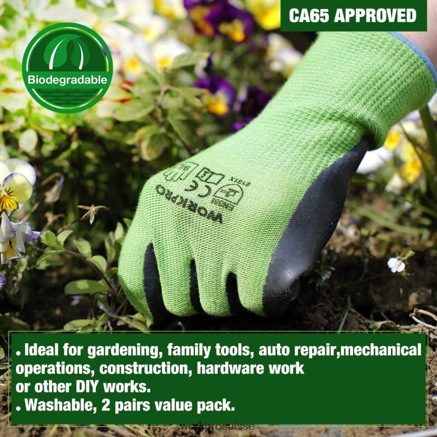 2 paires de gants de travail de jardin avec paume enduite de latex écologique et écran tactile pour désherber, creuser, ratisser et tailler Z2LXTF273 nouveau WORKPRO outil