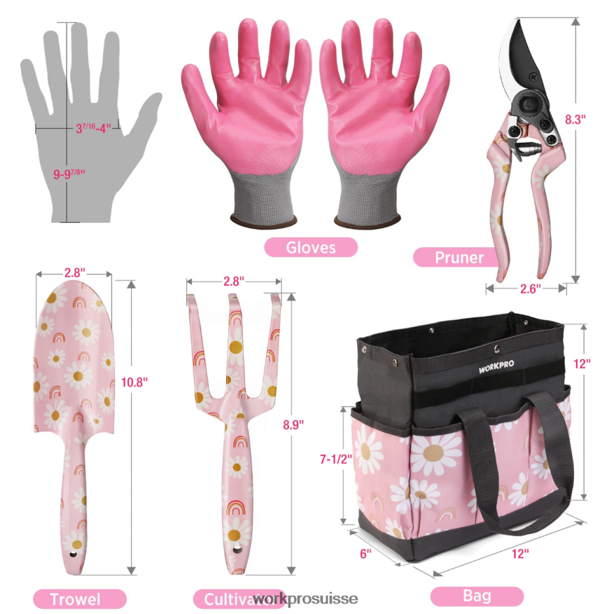 Ensemble d'outils de jardinage robustes en aluminium 5 pièces Z2LXTF284 blanc/rose WORKPRO outil