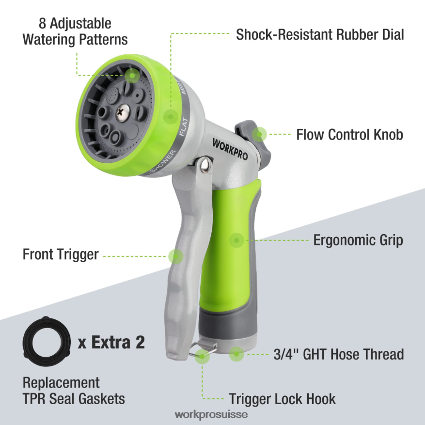Pulvérisateur de buse de tuyau d'eau haute pression de jardin avec 8 modèles d'arrosage réglables et conception de commande au pouce Z2LXTF288 utile WORKPRO outil