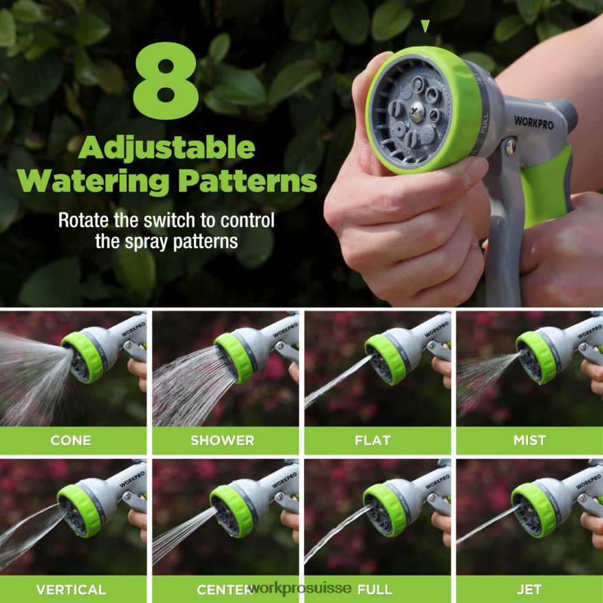 Pulvérisateur de buse de tuyau d'eau haute pression de jardin avec 8 modèles d'arrosage réglables et conception de commande au pouce Z2LXTF288 utile WORKPRO outil