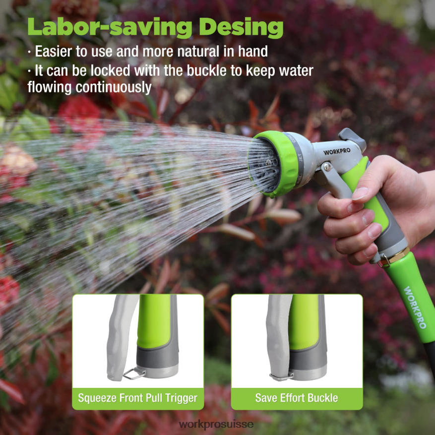 Pulvérisateur de buse de tuyau d'eau haute pression de jardin avec 8 modèles d'arrosage réglables et conception de commande au pouce Z2LXTF288 utile WORKPRO outil