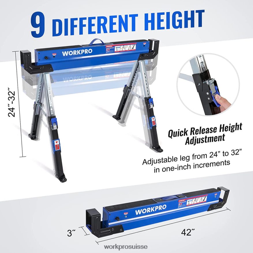 Chevalet de scie pliant robuste et réglable, 2 pièces, avec bras de support 2x4, capacité de charge de 3 000 lb, pieds réglables en hauteur de 24 à 32 pouces, pieds pivotants et chevilles de support Z