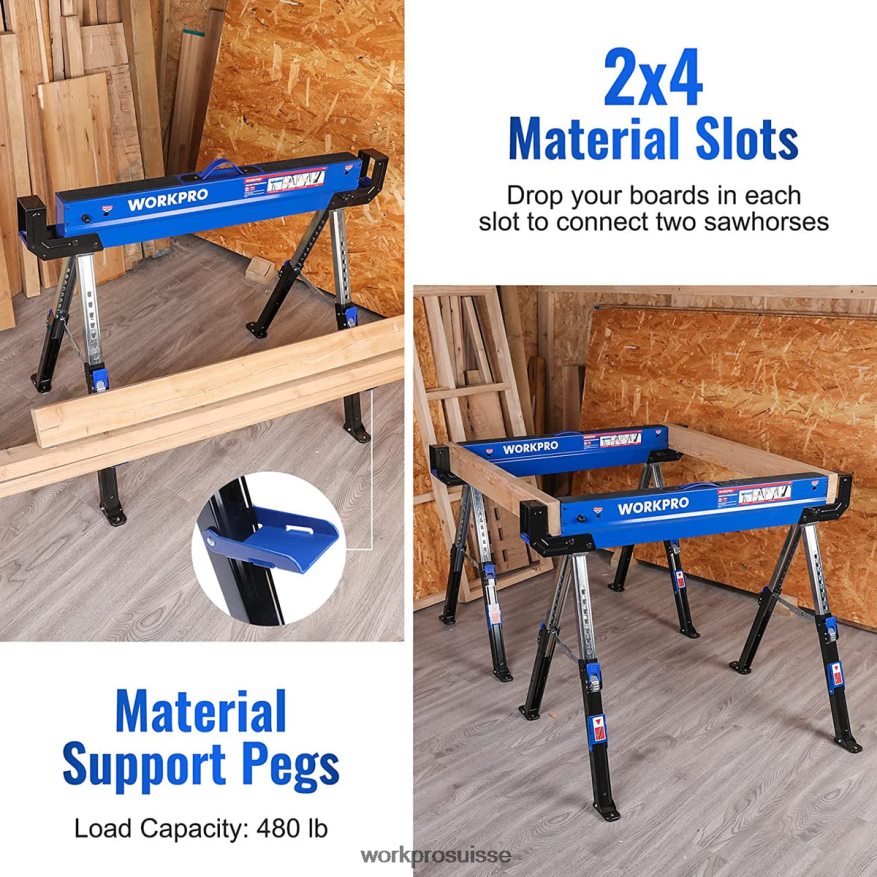 Chevalet de scie pliant robuste et réglable, 2 pièces, avec bras de support 2x4, capacité de charge de 3 000 lb, pieds réglables en hauteur de 24 à 32 pouces, pieds pivotants et chevilles de support Z