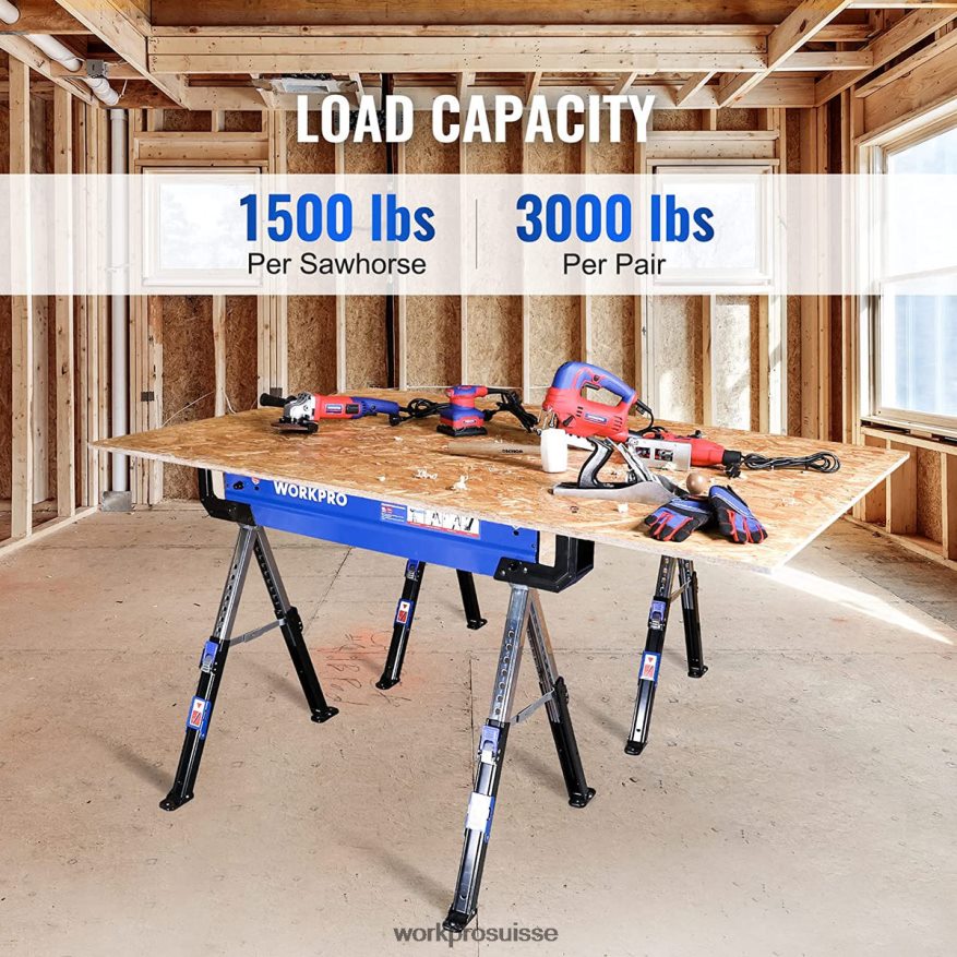 Chevalet de scie pliant robuste et réglable, 2 pièces, avec bras de support 2x4, capacité de charge de 3 000 lb, pieds réglables en hauteur de 24 à 32 pouces, pieds pivotants et chevilles de support Z