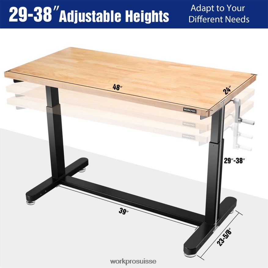 table de travail réglable en hauteur avec manivelle, avec roulettes et pieds de nivellement, capacité de charge de 500 lb Z2LXTF3 utile WORKPRO stockage