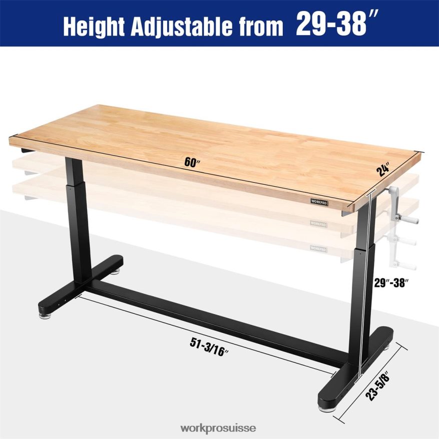 table de travail réglable en hauteur avec manivelle, avec roulettes et pieds de nivellement, capacité de charge de 500 lb Z2LXTF3 utile WORKPRO stockage