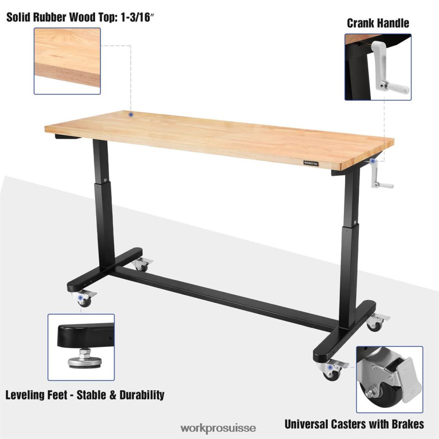 table de travail réglable en hauteur avec manivelle, avec roulettes et pieds de nivellement, capacité de charge de 500 lb Z2LXTF3 utile WORKPRO stockage