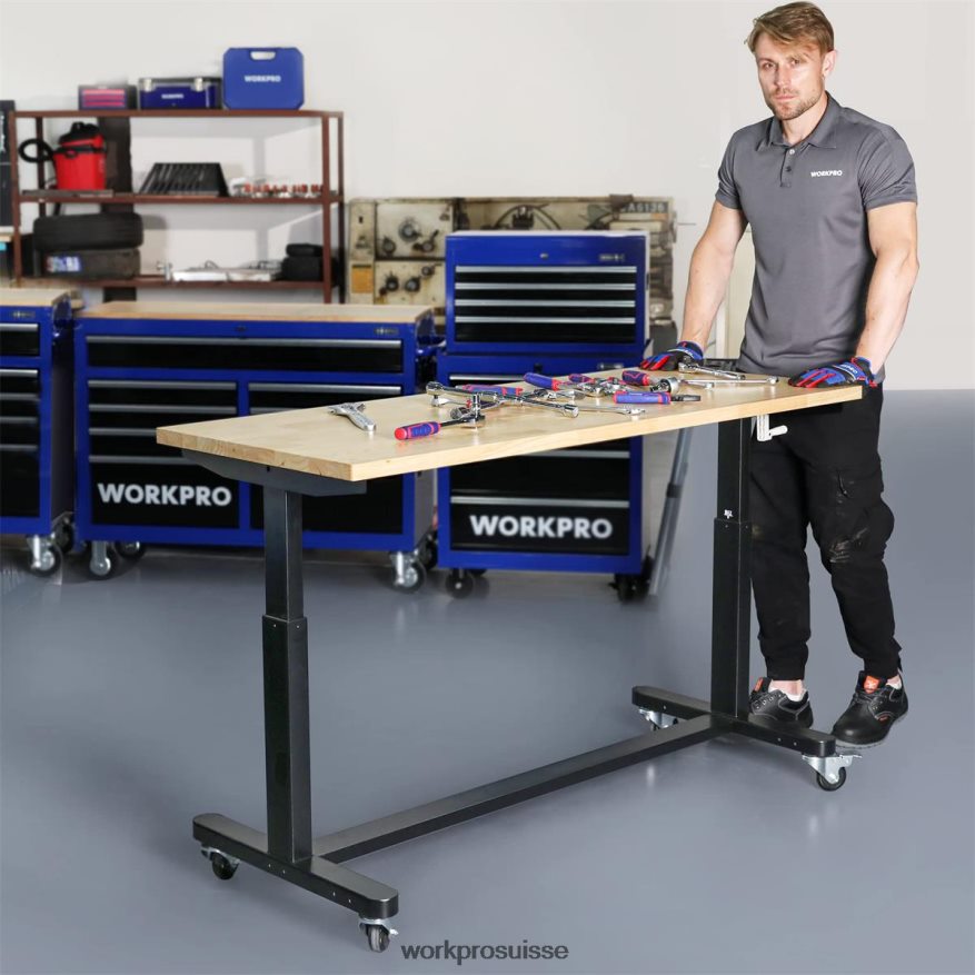 table de travail réglable en hauteur avec manivelle, avec roulettes et pieds de nivellement, capacité de charge de 500 lb Z2LXTF3 utile WORKPRO stockage