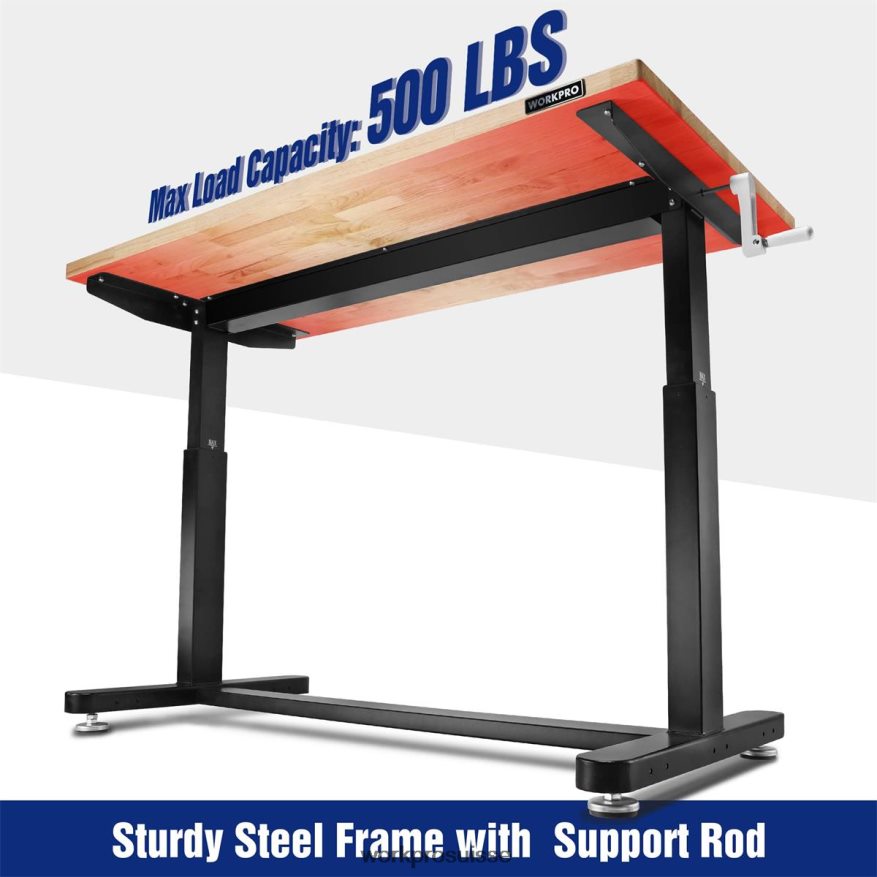 table de travail réglable en hauteur avec manivelle, avec roulettes et pieds de nivellement, capacité de charge de 500 lb Z2LXTF3 utile WORKPRO stockage