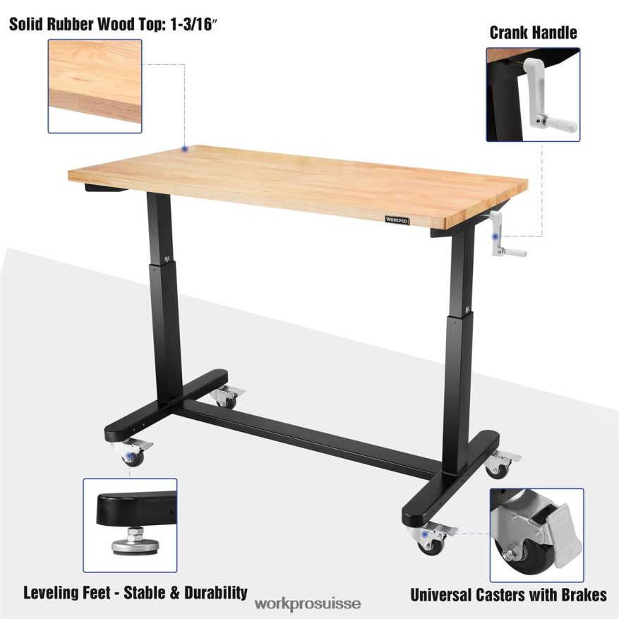 table de travail réglable en hauteur avec manivelle, avec roulettes et pieds de nivellement, capacité de charge de 500 lb Z2LXTF3 utile WORKPRO stockage