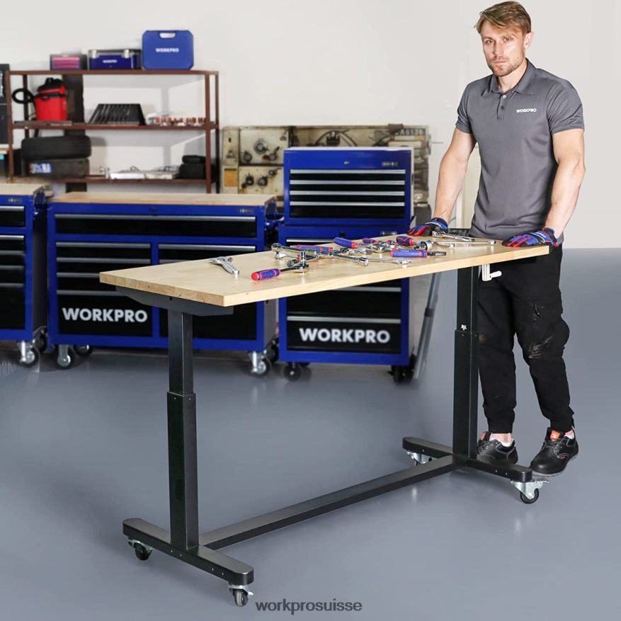 table de travail réglable en hauteur avec manivelle, avec roulettes et pieds de nivellement, capacité de charge de 500 lb Z2LXTF3 utile WORKPRO stockage