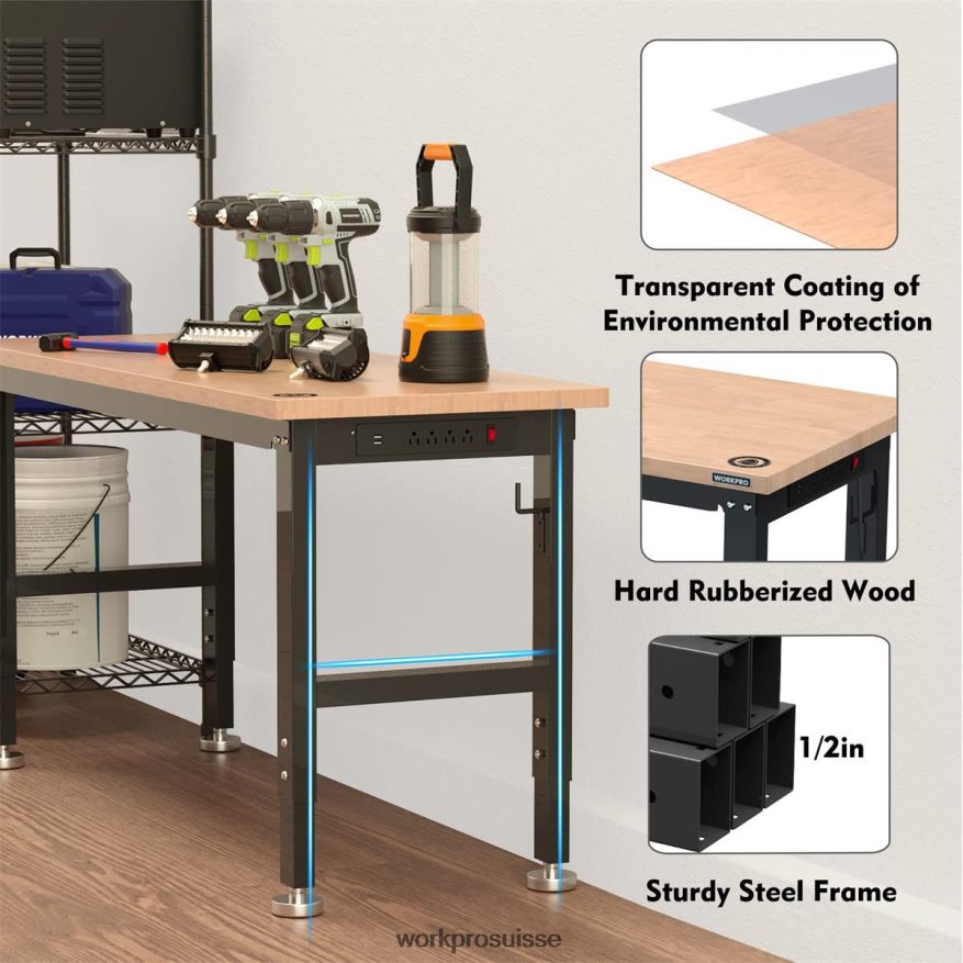 établi réglable capacité de charge de 2000 lb table de travail en bois dur avec prises de courant Z2LXTF1 utile WORKPRO stockage